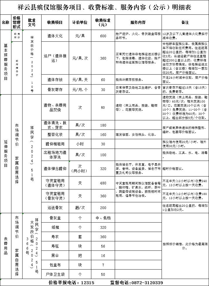 祥云县民政局关于对县殡仪馆殡葬服务项目标准的公示